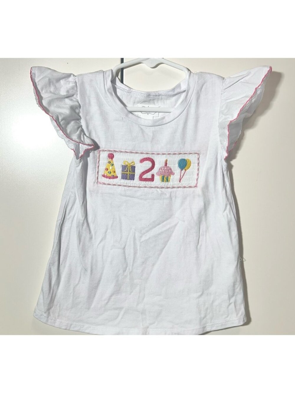 Mud Pie 24m 2T EUC white smocked Birthday 2 TWO 2nd bday shirt flutter sleeve